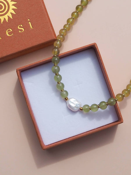 Freshwater Keshi Pearl Necklace GREEN GLASS/ 18K GOLD PLATED