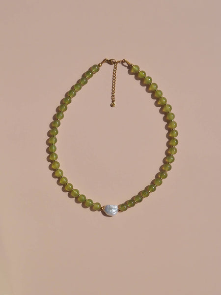 Freshwater Keshi Pearl Necklace GREEN GLASS/ 18K GOLD PLATED