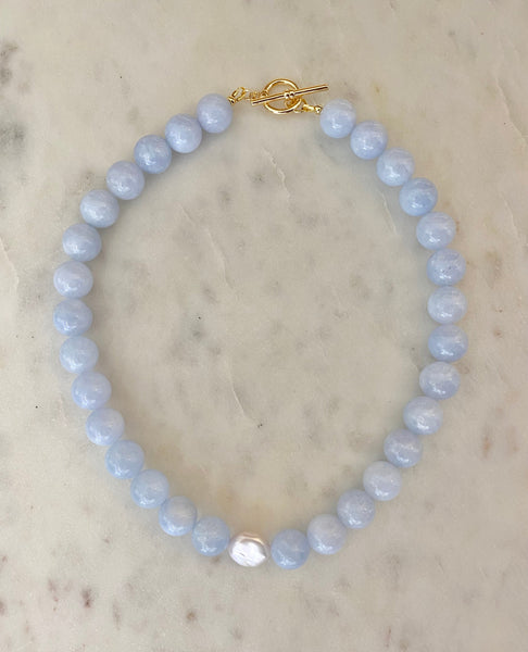 Full Moon Necklace BLUE AGATE/ FRESHWATER PEARL 18K GOLD PLATED