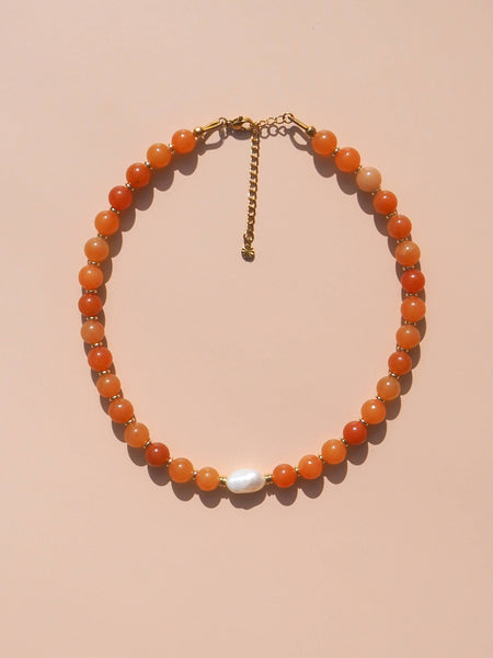 Freshwater Pearl Necklace RED AVENTURINE /18K GOLD PLATED