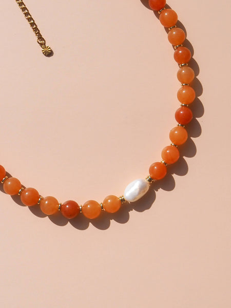 Freshwater Pearl Necklace RED AVENTURINE /18K GOLD PLATED