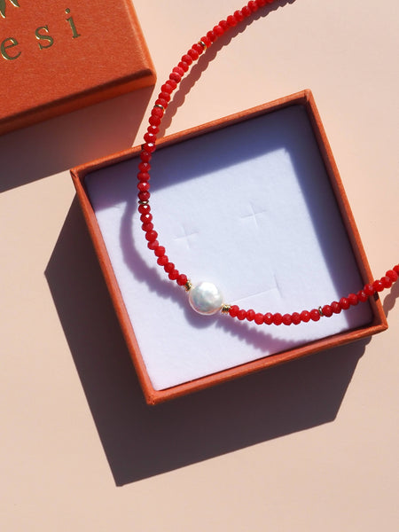 Freshwater Pearl Necklace RED GEMSTONE/ 18K GOLD PLATED