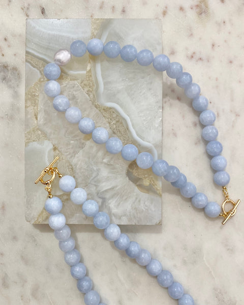 Full Moon Necklace BLUE AGATE/ FRESHWATER PEARL 18K GOLD PLATED