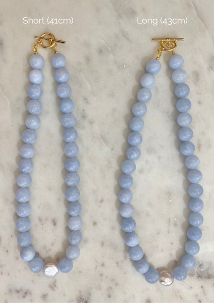Full Moon Necklace BLUE AGATE/ FRESHWATER PEARL 18K GOLD PLATED