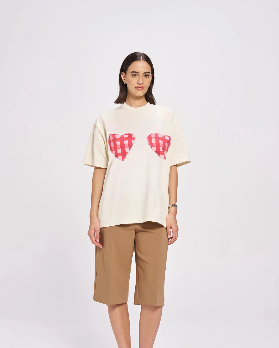 Gingham Hearts Oversized Tee IVORY