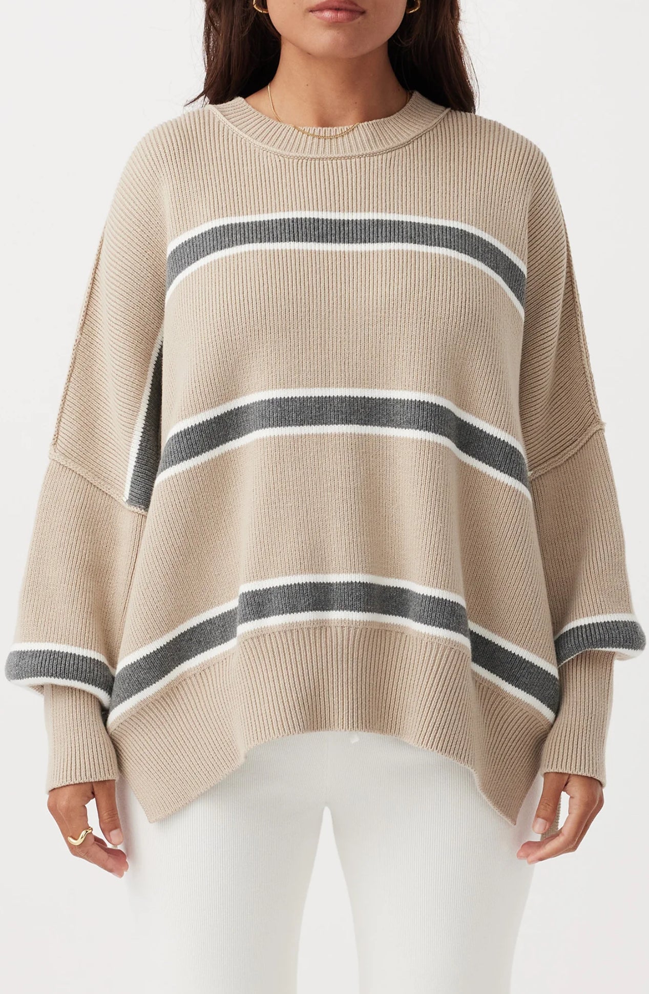 Harper Stripe Organic Knit Sweater TAUPE, CREAM & DARK GERY MARLE