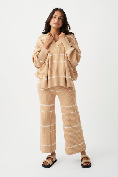 Vera Organic Knit V Neck Sweater HONEY STRIPE