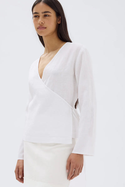 Renee Linen Wrap Top WHITE