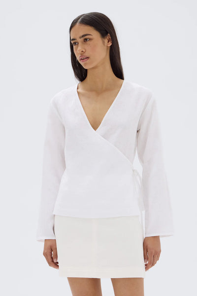 Renee Linen Wrap Top WHITE