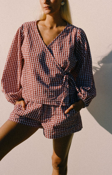 Ella L/S Wrap Top RED GINGHAM