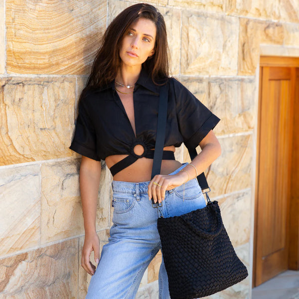 Woven Neoprene Shoulder Tote BLACK