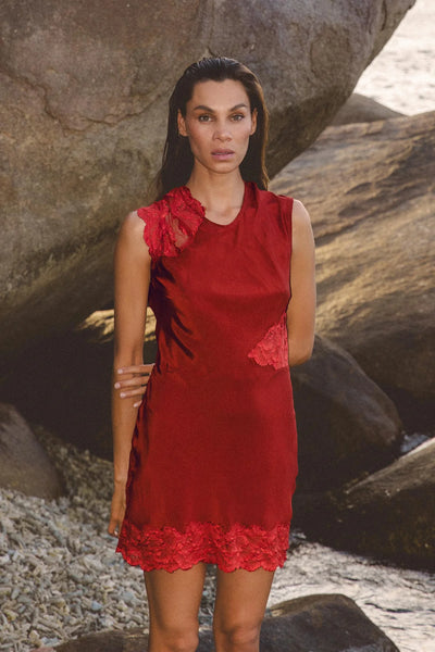 Lily Silk Lace Mini Dress BURGUNDY