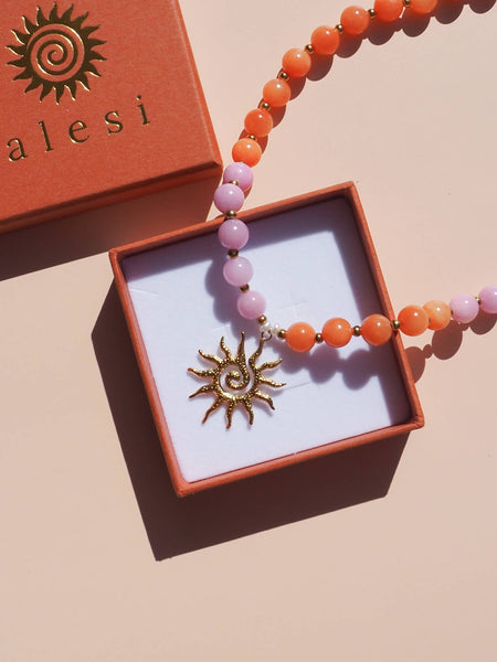 Spiral Sun Necklace PINK & ORANGE GEMSTONE/ 18K GOLD PLATED