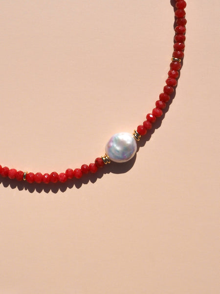 Freshwater Pearl Necklace RED GEMSTONE/ 18K GOLD PLATED