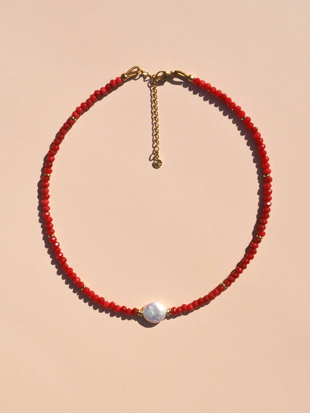Freshwater Pearl Necklace RED GEMSTONE/ 18K GOLD PLATED