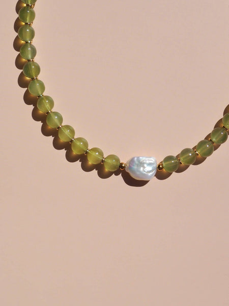 Freshwater Keshi Pearl Necklace GREEN GLASS/ 18K GOLD PLATED