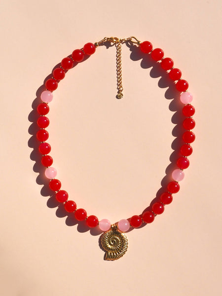 Spiral Shell Beaded Necklace RED & PINK/ 18K GOLD PLATED